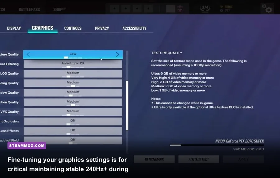 Rainbow Six Siege PC graphics settings and benchmark performance overlay