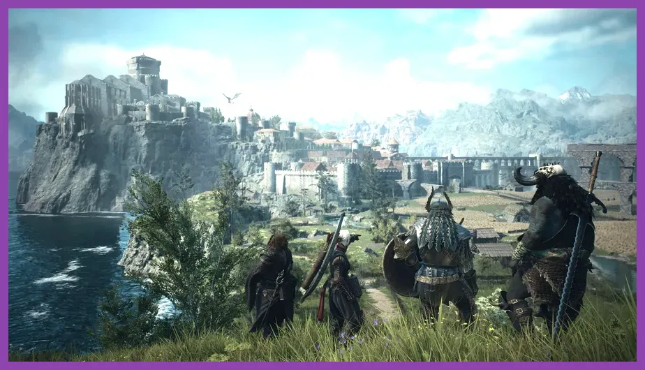 Arisen and three Pawns walking across a lush landscape in Dragon's Dogma 2