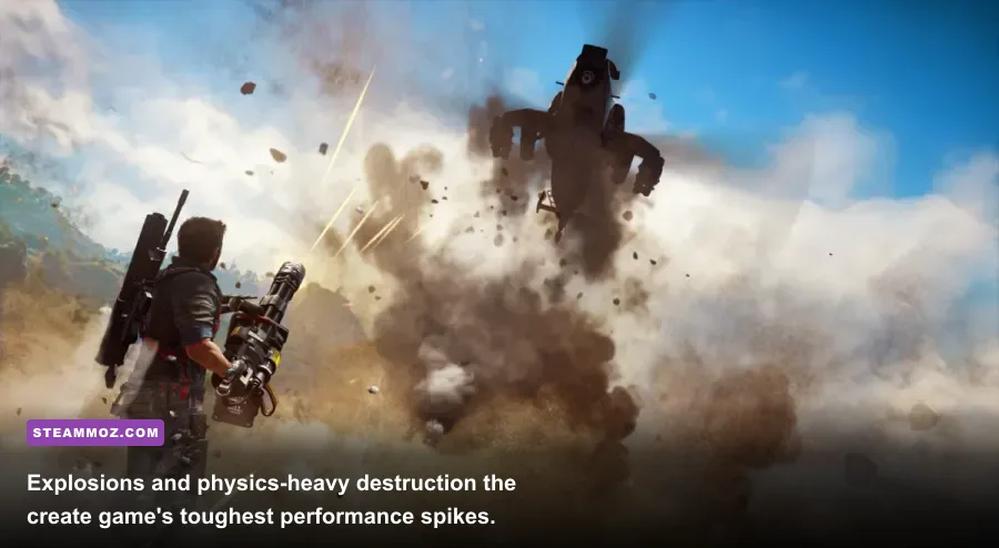 Just Cause 3 liberation base exploding during a chaotic Rico Rodriguez assault