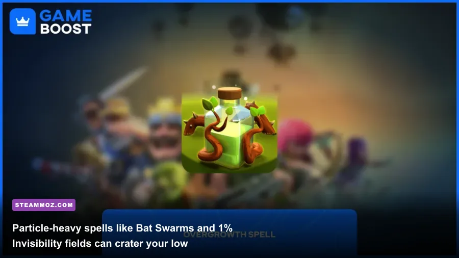 Clash of Clans combat featuring Bat Spell and Overgrowth Spell particle effects