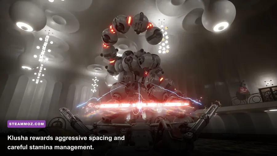 Atomic Heart Klusha melee weapon being used against hostile robots
