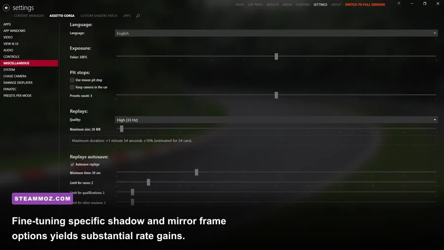 In-game video and graphics settings configuration in Assetto Corsa Competizione