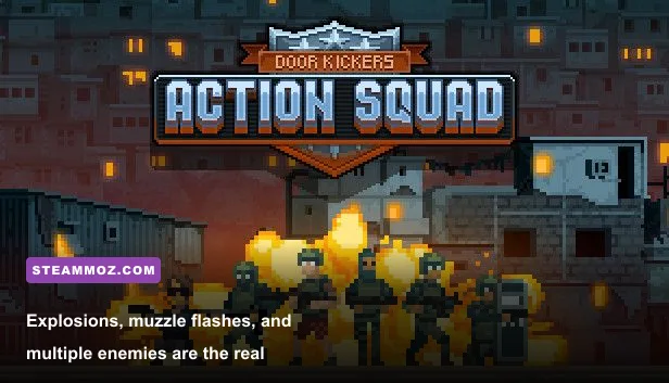 Door Kickers Action Squad intense pixel art firefight with muzzle flashes and explosions