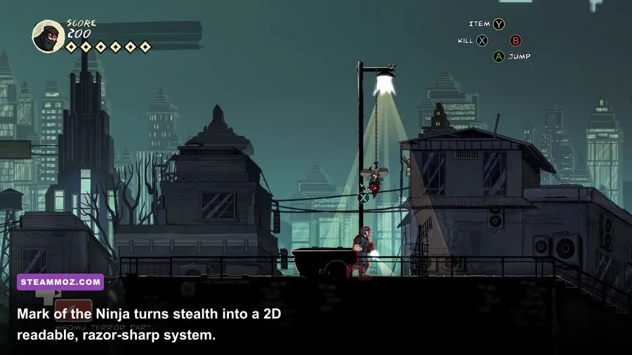 Mark of the Ninja Remastered ninja moving across a rooftop in stealth