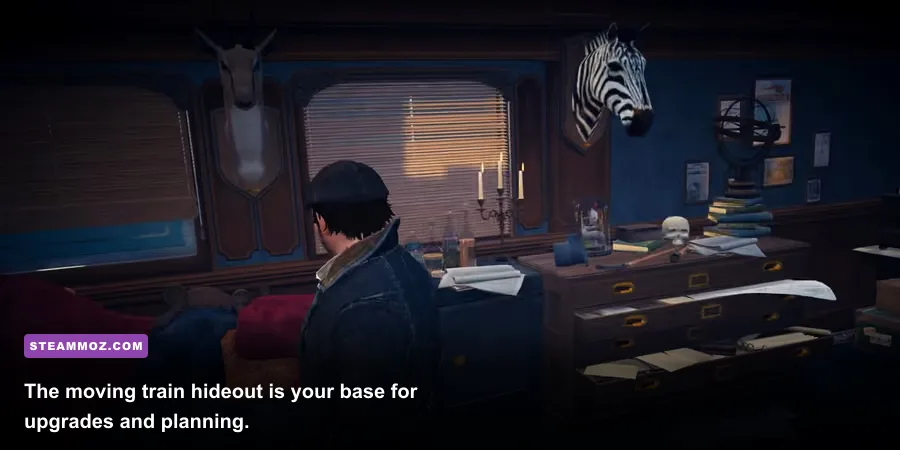The train hideout in Assassin's Creed Syndicate with upgrade options