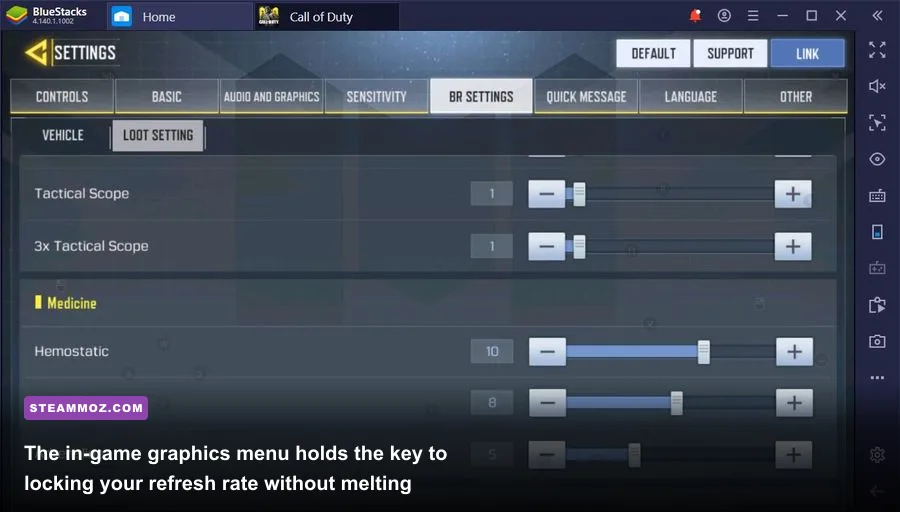 Graphic settings menu showing audio, graphics, and frame rate options for Call of Duty Mobile on PC