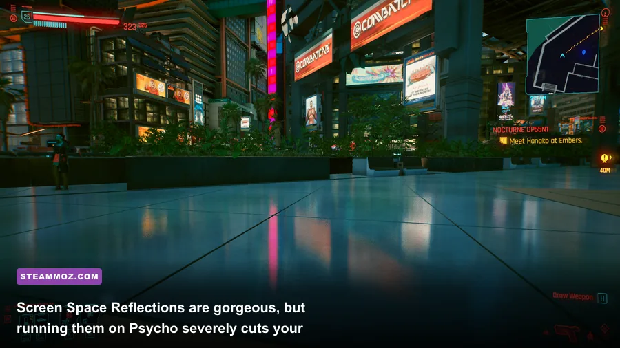 Comparison of Screen Space Reflections on wet asphalt in Cyberpunk 2077