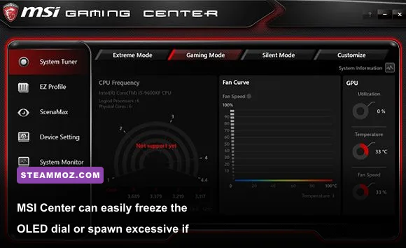 MSI Center application showing hardware monitoring and Gaming Dial control module