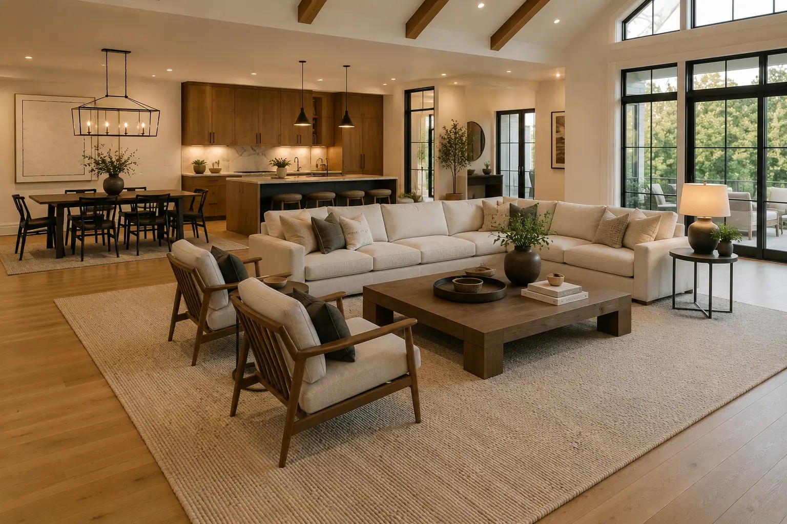 wide-angle view of a large open-concept floor plan showing a distinct living room zone defined by a large rug, separate from a dining area