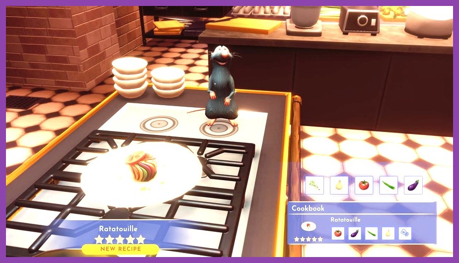 Player cooking high value dishes at Remy's kitchen stove in Disney Dreamlight Valley