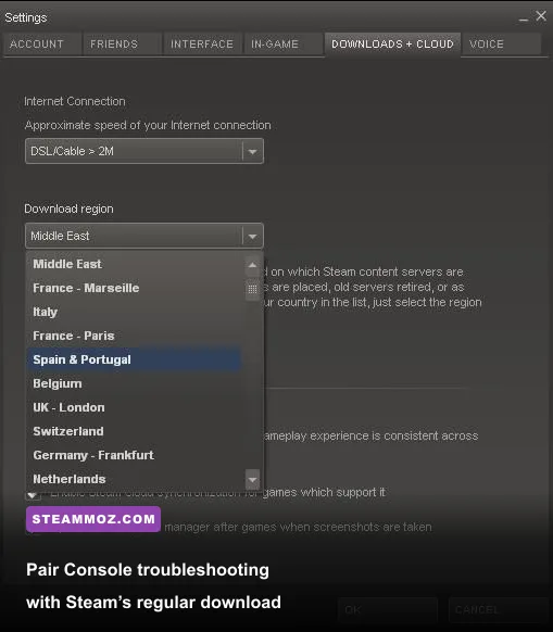 Steam Downloads settings showing bandwidth limit and download region options