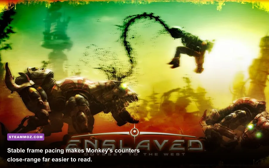 Monkey fighting robot enemies with his staff in ENslaved Odyssey to the West