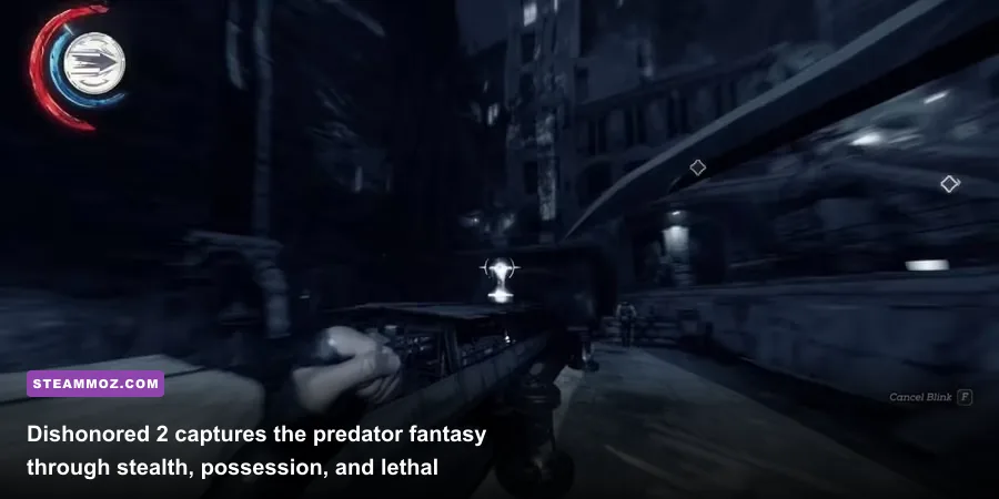 Corvo Attano using supernatural powers in Karnaca during Dishonored 2