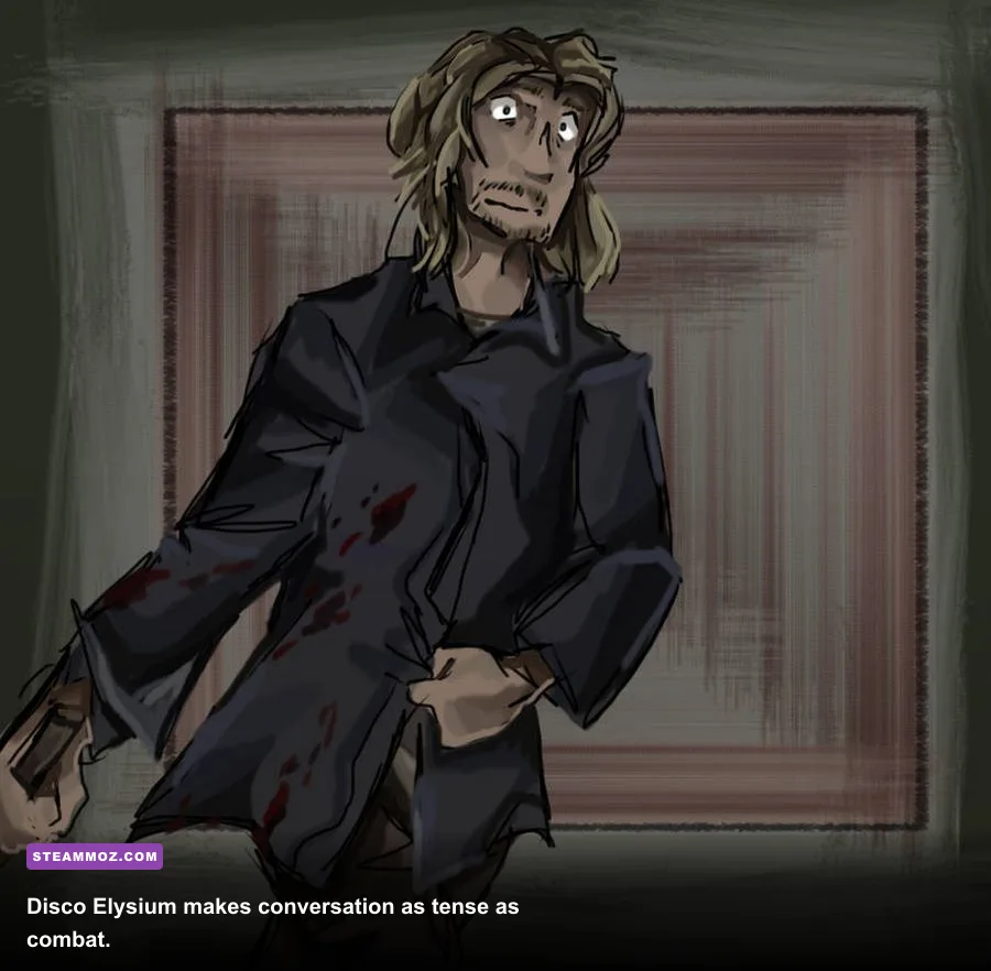 The detective making a dialogue choice in Disco Elysium's Martinaise district