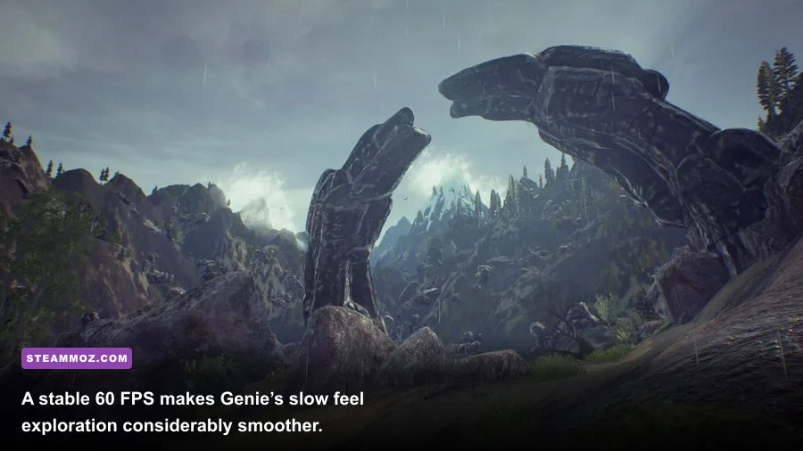Drizzlepath Genie first-person path through a rocky mountain landscape