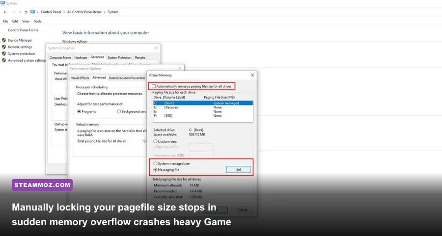 Windows system properties virtual memory configuration window with custom paging size