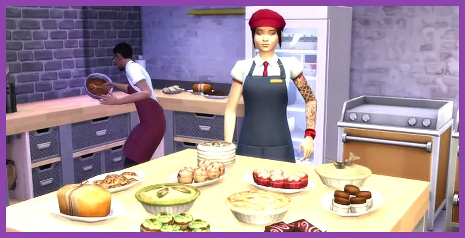 The Sims 4 Sim cooking a meal in a modern kitchen