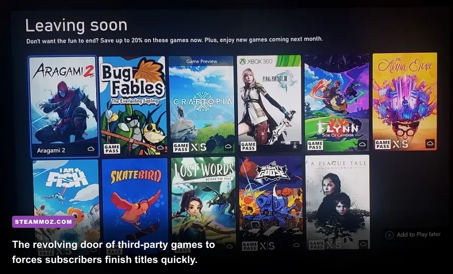 Xbox Game Pass dashboard showing games scheduled to leave the catalog