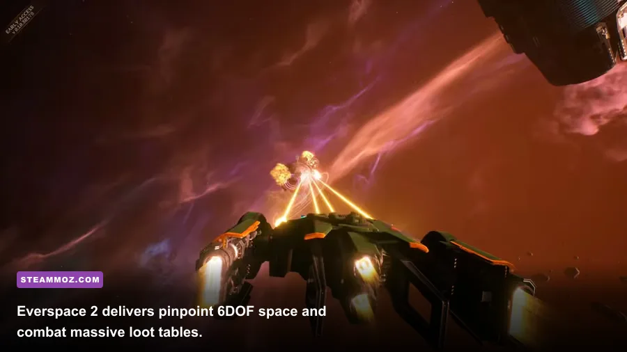 Space combat dogfight in Everspace 2 featuring high-tier ship weapons