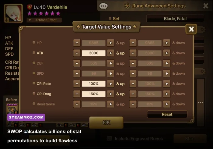 Summoners War Optimizer desktop interface calculating monster rune builds