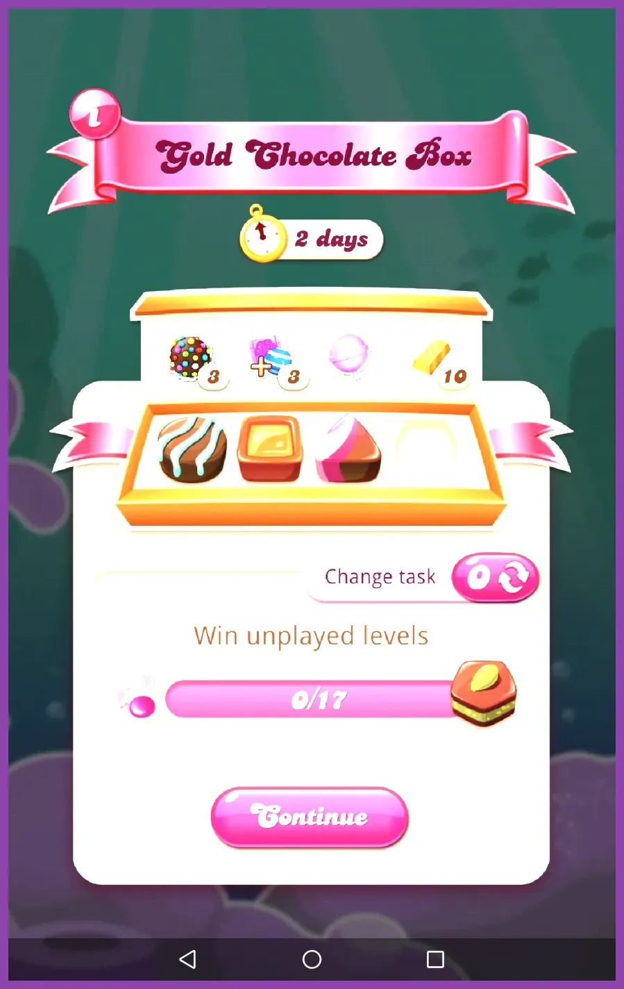 Candy Crush Saga chocolate box quest tracking screen