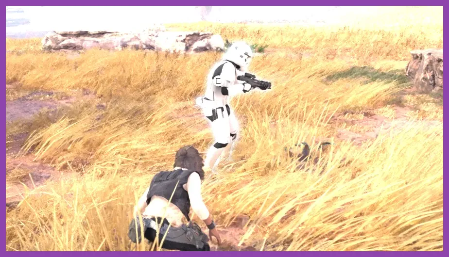 Nix attacking an Imperial Stormtrooper while Kay Vess prepares a stealth kill