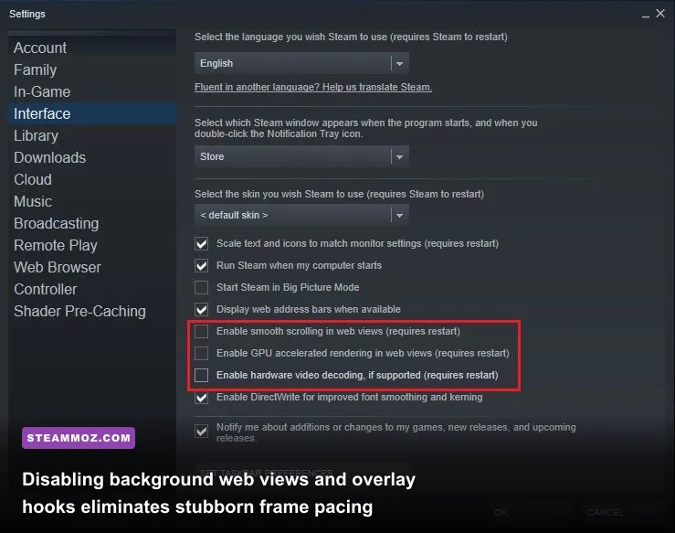 Steam settings menu highlighting in-game overlay and hardware acceleration options