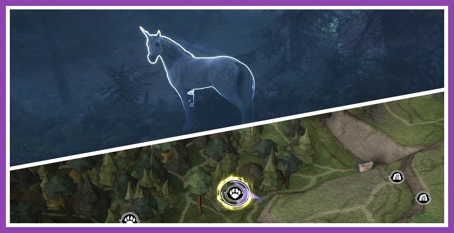 A golden shiny Unicorn standing under glowing light inside the Forbidden Forest in Hogwarts Legacy
