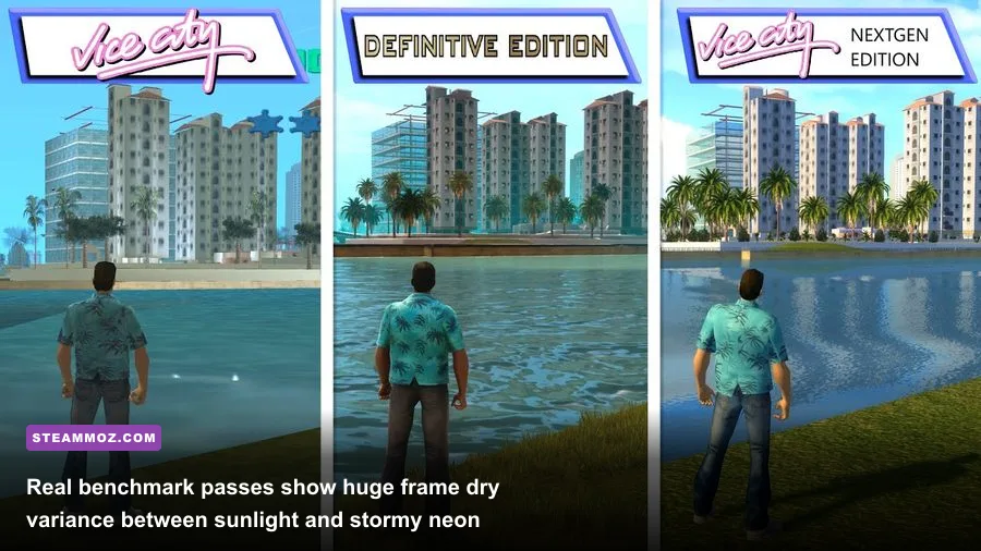 In-game benchmark testing showing FPS counters and hardware utilization across Vice City streets