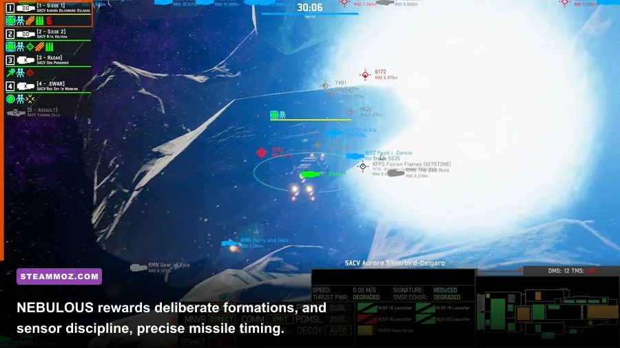NEBULOUS Fleet Command warships exchanging fire across a tactical battlefield