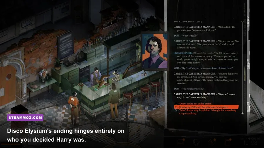 Harry Du Bois facing a final dialogue decision in Disco Elysium