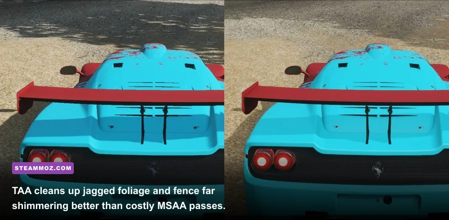 Comparison of TAA and MSAA rendering thin wires and foliage in Forza Horizon 5