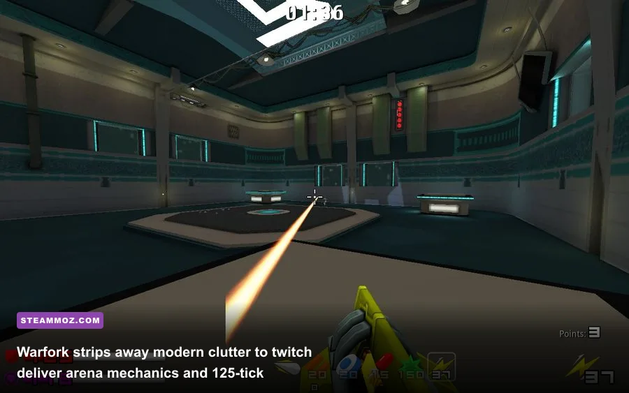 Warfork fast-paced arena shooter showing dash wall-jump movement mechanics