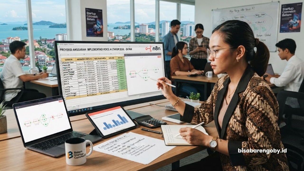 Manajer operasional mengevaluasi alokasi anggaran saat mencari harga Voice AI untuk startup di Batam berbasis n8n