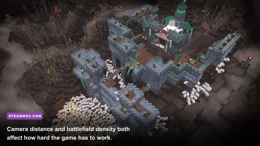 Cataclismo RTS battlefield camera view overlooking walls and enemy creatures