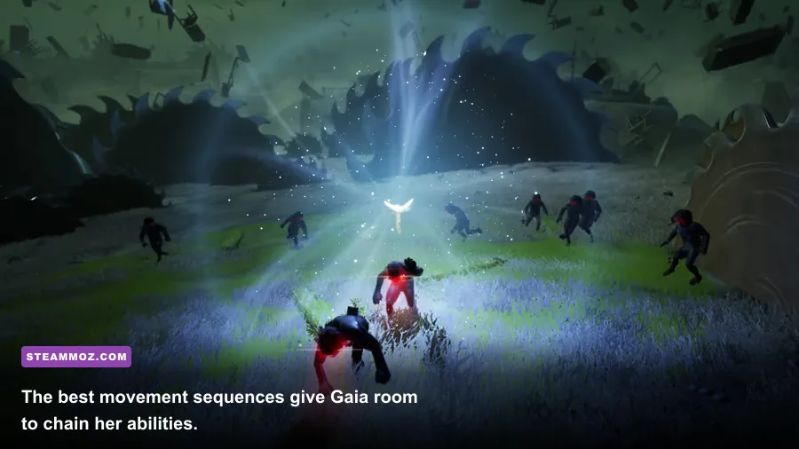 Gaia platforming across floating ruins in After Us