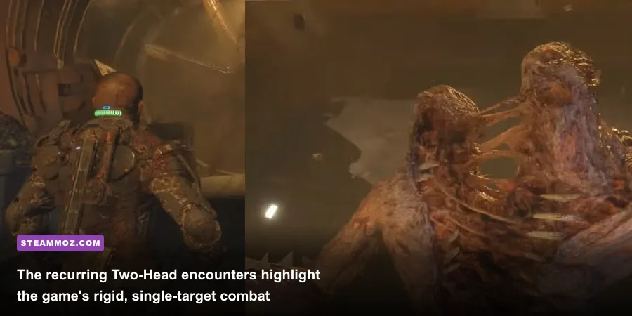 The dreaded Two-Head mutant boss charging Jacob Lee in The Callisto Protocol