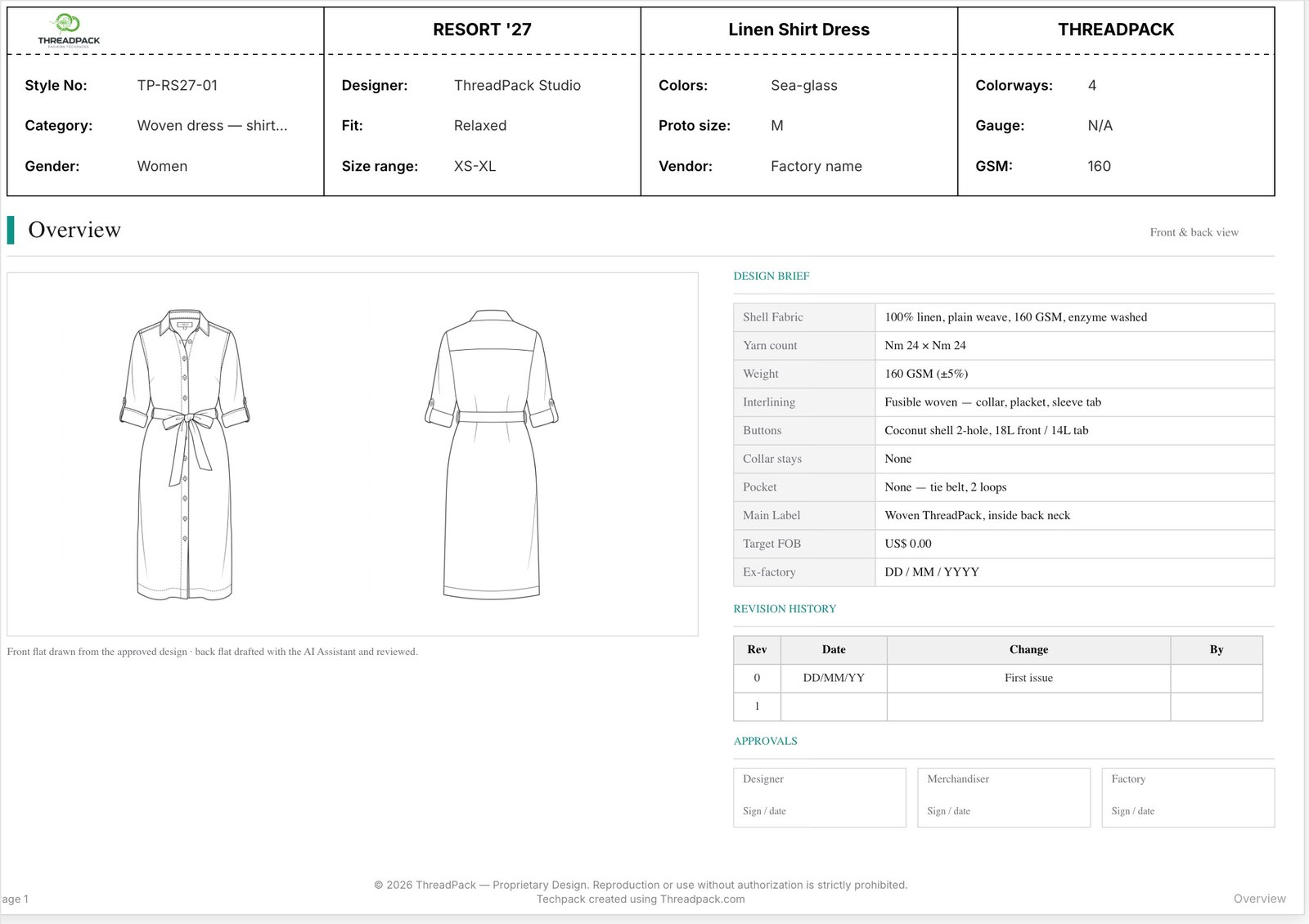 Tech pack page 1: overview with header, front and back flats and design brief