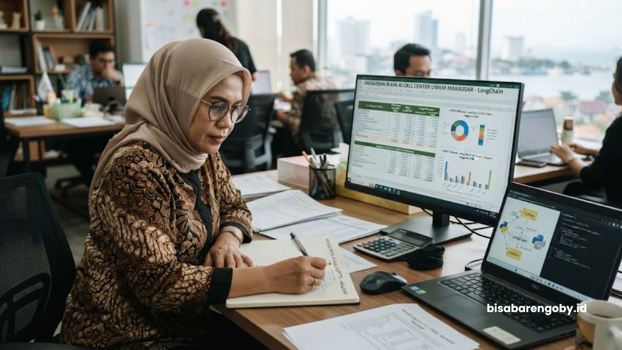 Manajer operasional memproyeksikan anggaran saat menghitung biaya AI Call Center untuk UMKM di Makassar berbasis LangChain