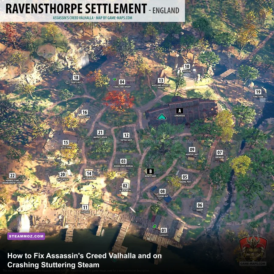 Eivor standing on an overlook above the Ravensthorpe settlement in Assassin's Creed Valhalla