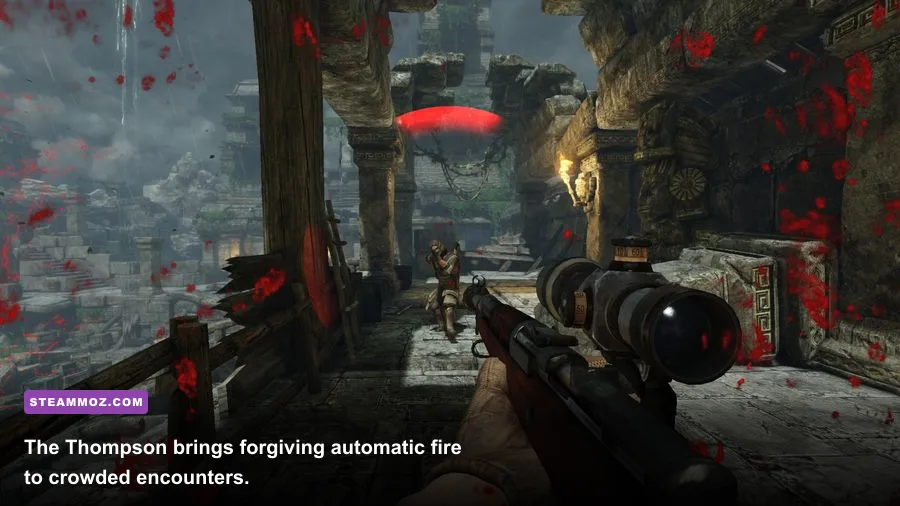 Deadfall Adventures Thompson submachine gun firing during a jungle ruins combat encounter