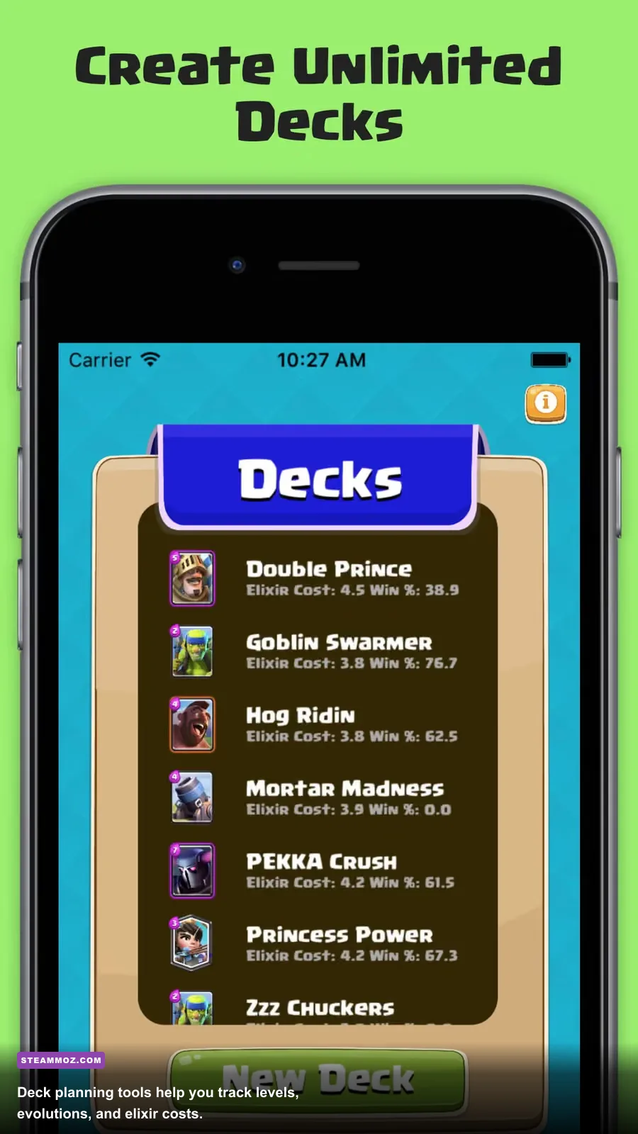 Clash Royale card collection and deck-building screen displayed on PC