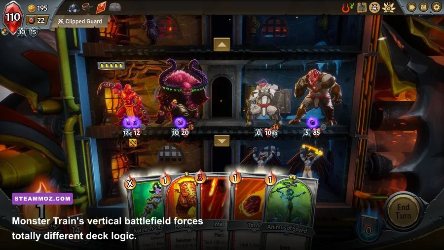 Monster Train screenshot showing multi-floor train combat and clan synergies