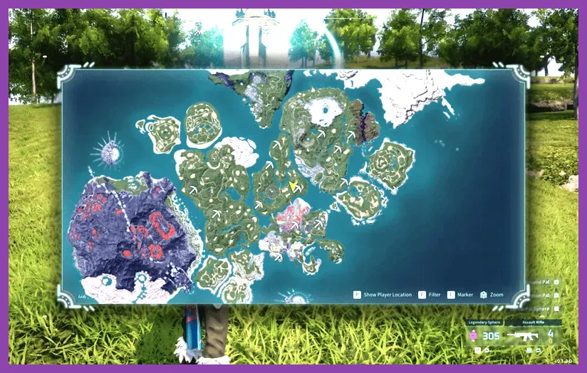 Clusters of Ore and Coal nodes spawning together on a hilltop in Palworld
