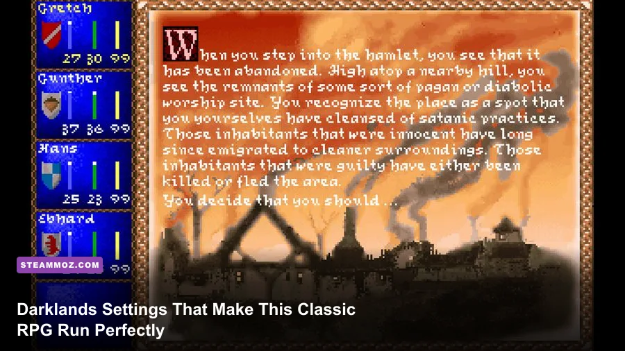 Darklands classic RPG gameplay showing a party traveling through medieval Germany