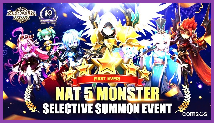 Selective Summon screen in Summoners War Chronicles showing Nat 5 monster options
