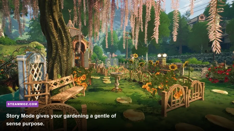 Garden Life Story Mode garden restoration with flower beds and garden decorations