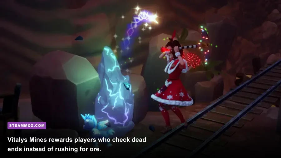 Hidden room and glowing blue gems inside Vitalys Mines in Disney Dreamlight Valley