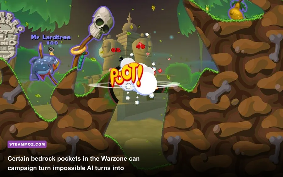 A worm character dug deep into an indestructible bedrock pocket in Worms Reloaded Warzone campaign