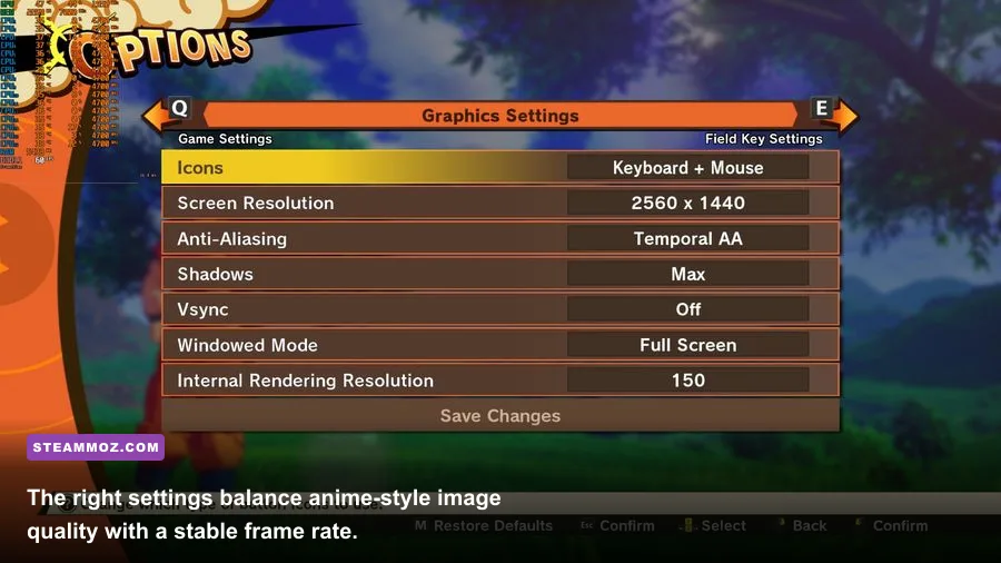 Dragon Ball Z Kakarot PC graphics settings menu showing performance options